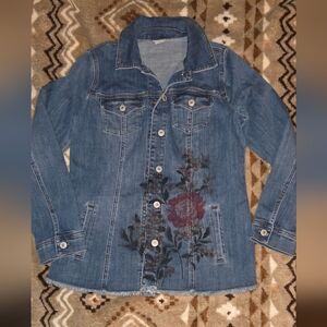 CHICOS Floral Embroidered Denim Jacket Size 0